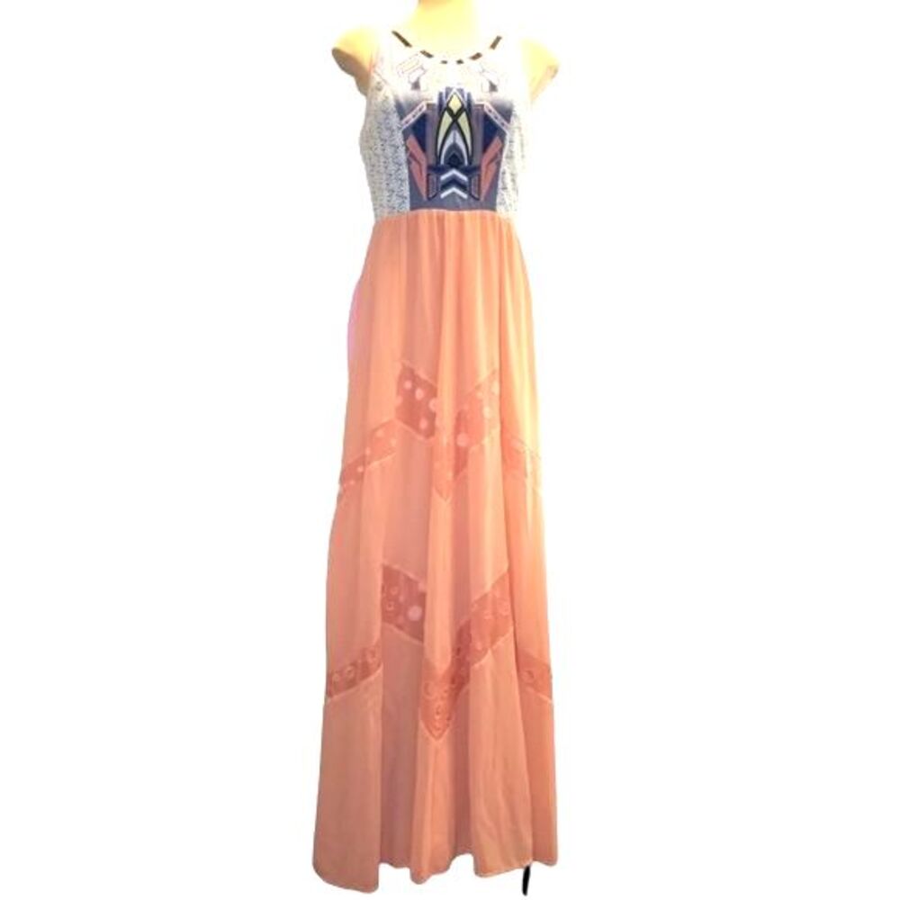 Champagne & Strawberry Anthro Pink &‎ Blue Embroidered Maxi Dress Size S - Picture 3 of 13